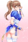  1girl adjusting_eyewear arm_guards ass bangs blue_dress breasts brown_eyes brown_hair cherry_blossoms choker closed_mouth commentary_request dead_or_alive dead_or_alive_6 dress glasses hair_ribbon high_ponytail hiroyama_(hpzg5374) japanese_clothes kasumi_(doa) long_hair looking_at_viewer medium_breasts ninja pelvic_curtain petals pink_background ponytail red-framed_eyewear ribbon sash short_sleeves smile solo standing thighhighs thighs white_legwear yellow_ribbon 