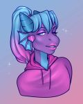  2019 anthro blue_eyes bust_portrait clothed clothing demino_(deminothedragon) digital_media_(artwork) dragon ear_piercing ear_ring eyelashes eyeshadow hair hoodie horn knifewolf lipstick looking_at_viewer makeup male one_eye_closed piercing ponytail portrait scalie simple_background smile solo thick_lips wink 