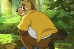  2019 anthro anus balls blush bottomless brown_fur butt canid canine clothed clothing crouching feces foreskin forest fur kounosuke_(morenatsu) male mammal morenatsu open_mouth outside partially_clothed penis pooping raccoon_dog scat solo tanuki thenastycat tree uncut 
