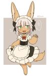  1other :3 :d alternate_costume ambiguous_gender animal_ear_fluff animal_ears apron black_ribbon choker enmaided eyebrows_visible_through_hair eyes_visible_through_hair fang flying_sweatdrops frills full_body green_eyes hair_ribbon hand_up kawasemi27 made_in_abyss maid maid_headdress nanachi_(made_in_abyss) open_mouth paws ribbon short_hair simple_background skin_fang smile solo sweatdrop tail waist_apron whiskers 