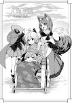  3girls animal_ear_fluff animal_ears breast_rest breasts breasts_on_head brooch cape disembodied_head fang grass_root_youkai_network greyscale head_fins headless imaizumi_kagerou japanese_clothes jewelry kimono lap_pillow leaf_print miniskirt monochrome multiple_girls open_mouth pleated_skirt print_kimono sandals sekibanki skin_fang skirt tail tamahana touhou translation_request wakasagihime wheelchair wolf_ears wolf_tail 