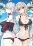  2girls ahoge ass bangs bare_shoulders bikini black_bikini black_choker blonde_hair blue_eyes blue_jacket blue_sky blush braid breasts butt_crack choker cleavage cloud collarbone commentary_request day eyebrows_visible_through_hair fate/grand_order fate_(series) front-tie_bikini front-tie_top green_eyes hair_between_eyes hand_on_own_chest hand_up headpiece highres jacket jeanne_d&#039;arc_(alter_swimsuit_berserker) jeanne_d&#039;arc_(fate)_(all) jeanne_d&#039;arc_(swimsuit_archer) large_breasts long_hair long_sleeves medium_breasts multiple_girls navel off_shoulder open_clothes open_jacket outdoors pale_skin palm_tree silver_hair single_braid sky sleeves_past_wrists swimsuit thick_eyebrows thigh_gap tree very_long_hair yuzu-aki 