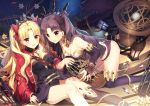  2girls :d all_fours armlet artist_name ass bangs bare_shoulders bikini birdcage black_bikini_bottom black_bow black_hair black_legwear black_leotard blonde_hair bow breasts bridal_gauntlets cage cape chains cleavage collarbone detached_collar detached_sleeves earrings ereshkigal_(fate/grand_order) eyebrows_visible_through_hair fate/grand_order fate_(series) gem hair_bow hoop_earrings ishtar_(fate/grand_order) jewelry lantern leotard long_hair looking_at_viewer medium_breasts mismatched_bikini multiple_girls off_shoulder on_floor open_mouth parted_bangs red_bow red_cape red_eyes rosuuri sharp_teeth single_thighhigh sitting skull smile spine star swimsuit teeth thighhighs tiara two_side_up very_long_hair white_bikini_top 