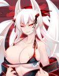  1girl animal_ears bare_shoulders breasts cleavage collarbone commentary_request fangs fox_ears fox_tail glowing glowing_eyes highres large_breasts long_hair looking_at_viewer mole mole_under_eye naughty_face original raised_eyebrows red_eyes robe shiki_(psychedelic_g2) smile solo tail translation_request white_hair 
