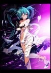  1girl animal_ears aqua_hair bare_arms bare_shoulders black_border black_headwear blush border breasts bunny_ears card cleavage collarbone covering covering_breasts dress fake_animal_ears gloves gradient gradient_background grey_legwear groin half_gloves hat hat_removed hatsune_miku headwear_removed high_heels highres leg_up long_hair looking_to_the_side medium_breasts messy_hair navel nose_blush one_eye_closed open_mouth orange_eyes outstretched_arms playing_card project_diva_(series) purple_background seamed_legwear side-seamed_legwear sleeveless sleeveless_dress solo standing standing_on_one_leg sweat top_hat torn_clothes torn_dress torn_legwear tsukishiro_saika v-shaped_eyebrows very_long_hair vocaloid white_dress white_footwear white_gloves 