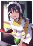  1girl :d apron bangs black_hair blurry blurry_background commentary_request cup food highres holding holding_tray ice_cream japanese_clothes kazuno_sarah kimono leaning_forward looking_at_viewer love_live! love_live!_sunshine!! maid_headdress open_mouth purple_eyes saucer side_ponytail sidelocks smile solo spoon sundae teacup tray waitress white_apron yamaori_(yamaorimon) yellow_kimono 