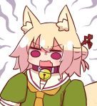  1girl animal_ear_fluff animal_ears bangs bell bell_collar blonde_hair brown_collar collar commentary_request eyebrows_visible_through_hair flehmen_response fox_ears fox_girl fox_tail green_shirt hair_between_eyes hair_bun hair_ornament jingle_bell kemomimi-chan_(naga_u) long_hair long_sleeves naga_u orange_neckwear original red_eyes sailor_collar shirt sidelocks simple_background sleeves_past_fingers sleeves_past_wrists solo tail upper_body v-shaped_eyebrows white_background white_sailor_collar 