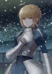  &gt;:( 1girl ahoge angel31424 aqua_eyes arm_at_side armor armored_dress artoria_pendragon_(all) bangs blonde_hair blue_dress blue_ribbon braid breastplate building closed_mouth cowboy_shot dress eyebrows_visible_through_hair fate/stay_night fate_(series) faulds gauntlets hair_ribbon hand_on_own_chest juliet_sleeves long_sleeves looking_at_viewer night night_sky outdoors puffy_sleeves ribbon saber serious short_hair signature sky snowing solo v-shaped_eyebrows winter 