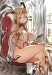  1girl bare_legs bare_shoulders blonde_hair blurry bracelet breasts circlet cleavage closed_mouth commentary depth_of_field earrings elf english_commentary erect_nipples feet_out_of_frame green_eyes hair_ornament hand_on_own_knee highres houtengeki jewelry large_breasts leaf_hair_ornament legs_crossed long_hair looking_at_viewer navel original pointy_ears revealing_clothes sidelocks sitting solo straight_hair throne very_long_hair white_legwear 