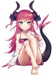  1girl :3 absurdres bada_(jksh5056) bangs barefoot bikini bikini_under_clothes blue_eyes blush closed_mouth collarbone collared_shirt commentary_request dragon_girl dragon_horns dragon_tail dress_shirt elizabeth_bathory_(fate) elizabeth_bathory_(fate)_(all) eyebrows_visible_through_hair fate/extra fate/extra_ccc fate_(series) feet full_body hair_between_eyes hair_ribbon highres horns legs long_hair long_sleeves looking_at_viewer off_shoulder open_clothes open_shirt pink_bikini pointy_ears purple_ribbon red_hair ribbon shirt simple_background sleeves_past_wrists smile solo swimsuit tail tail_raised toenails toes two_side_up v very_long_hair white_background white_shirt 