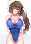  1girl ahoge arms_behind_back bangs bare_shoulders blue_swimsuit blush braid breasts brown_eyes brown_hair cleavage closed_mouth collarbone covered_navel highleg highleg_swimsuit highres idolmaster idolmaster_shiny_colors kuwayama_chiyuki large_breasts long_braid long_hair looking_at_viewer one-piece_swimsuit sankakusui simple_background single_braid smile solo swimsuit white_background 