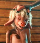  3d_(artwork) ambiguous_gender anthro bovid bovine brown_skin cattle curled_hair digital_media_(artwork) disembodied_hand duo eyes_closed fjola_(tchaikovsky2) girly hair hairless head_pat hi_res horn male mammal multicolored_skin nude open_mouth pink_skin smile solo_focus tchaikovsky2 teeth two_tone_skin white_hair young 