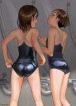  2girls adjusting_clothes adjusting_swimsuit ass blue_swimsuit brown_hair commentary_request competition_school_swimsuit feet_out_of_frame from_behind highres mu-pyon multiple_girls original shade shiny shiny_clothes short_hair shower_head showering smile standing swimsuit water 