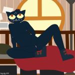  1:1 2019 anthro bed blush boots breasts clothing detailed_background digital_media_(artwork) dirtykitty domestic_cat felid feline felis female footwear fur hair hi_res inside mae_borowski mammal masturbation night_in_the_woods nipples nude pussy red_eyes smile solo video_games window 