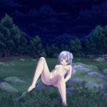  1girl anus aposine blush breasts clouds eyebrows_visible_through_hair feet fence grass long_hair lying masturbation medium_breasts mountain night nipples noelle_pelharm nude open_mouth pussy rock solo spread_legs sweat toes tree uncensored 