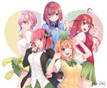  5girls absurdres ahoge bangs blue_cardigan blue_eyes blunt_bangs blush bow breasts brown_hair claw_pose cleavage collared_shirt commentary_request da-cart dress_shirt eyebrows_visible_through_hair finger_to_mouth go-toubun_no_hanayome green_ribbon grin hair_between_eyes hair_ornament hair_ribbon headphones headphones_around_neck heart highres large_breasts long_hair long_sleeves looking_at_viewer m multiple_girls nakano_ichika nakano_itsuki nakano_miku nakano_nino nakano_yotsuba one_eye_closed open_mouth orange_hair pink_hair red_hair ribbon shirt short_hair skirt smile star star_hair_ornament thighs tied_sweater white_shirt 