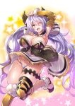  1girl armored_boots armpits arms_up bangs blush boots breasts c.r. capelet commentary_request dress granblue_fantasy hair_between_eyes hair_ribbon large_breasts long_hair looking_at_viewer low_twintails one_eye_closed open_mouth panties purple_eyes purple_hair ribbon satyr_(granblue_fantasy) solo star thigh_strap thighs twintails underwear very_long_hair 