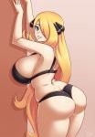  1girl against_wall ass bare_shoulders blonde_hair blue_eyes blush bra breasts butt_crack come_hither creatures_(company) dotli from_behind game_freak hair_ornament hair_over_one_eye huge_ass large_breasts long_hair looking_at_viewer naughty_face nintendo panties parted_lips pokemon pokemon_(game) pokemon_dppt shiny shiny_hair shiny_skin shirona_(pokemon) sideboob smile solo underwear very_long_hair 