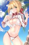  ahoge artoria_pendragon_(all) ass_visible_through_thighs bikini blonde_hair blue_sky board_game breasts cleavage cloud cloudy_sky commentary_request cosplay covered_nipples cowboy_shot eyebrows_visible_through_hair fate/extra fate_(series) front-tie_bikini front-tie_top go green_eyes hair_between_eyes hair_ribbon highres large_breasts mysterious_heroine_xx_(foreigner) mysterious_heroine_xx_(foreigner)_(cosplay) navel nero_claudius_(fate) nero_claudius_(fate)_(all) palm_tree panties parted_lips red_ribbon ribbon shignonpencil shrug sky swimsuit tree underwear 