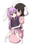  2girls :o alternate_height animal_ears arm_around_waist black_hair blush bright_pupils bunny_ears bunny_tail commentary_request dress dress_shirt eyebrows_visible_through_hair eyes_closed hair_between_eyes hand_on_another&#039;s_head high_collar highres inaba_tewi lavender_hair long_hair long_sleeves looking_at_another looking_back motherly multiple_girls necktie no_shoes pink_dress pink_skirt pleated_skirt puffy_short_sleeves puffy_sleeves red_eyes red_neckwear reisen_udongein_inaba shirt short_hair short_sleeves simple_background sitting sitting_on_lap sitting_on_person skirt smile suit_jacket tail touhou tsukimirin very_long_hair white_background white_legwear white_pupils white_shirt 