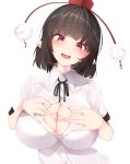  1girl bangs black_hair black_ribbon blush breasts cleavage collared_shirt commentary_request eyebrows_visible_through_hair hands_on_own_chest hat highres karatakewari large_breasts looking_at_viewer open_mouth paizuri_invitation pointy_ears pom_poms red_eyes ribbon shameimaru_aya shirt short_hair simple_background smile solo standing tokin_hat touhou upper_body white_background white_shirt 