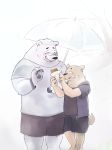  2019 absurd_res anthro belly blush bottomwear canid canine canis clothing domestic_dog duo eyes_closed hi_res hoodie humanoid_hands male mammal nele_chung raining shirt shorts slightly_chubby topwear umbrella ursid 