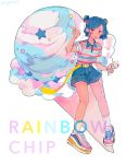  1girl belt blue_hair blue_shorts collared_shirt english_text food full_body ice_cream ice_cream_cone multicolored_footwear original pink_eyes routexx shirt shoes short_sleeves shorts single_scoop socks solo standing star striped striped_shirt tongue tongue_out v white_legwear 