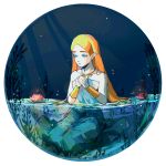  1girl aqua_eyes artist_name blonde_hair blush circle dress flower freckles hands_together hands_up highres jewelry lily_pad long_hair necklace nintendo partially_submerged pink_flower plant pointy_ears princess_zelda routexx sitting solo strapless strapless_dress the_legend_of_zelda the_legend_of_zelda:_breath_of_the_wild water_lily_flower white_dress 