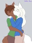  2019 anthro anthro_on_anthro biped brown_fur brown_hair canid canine canis chase_hart clothed clothing digital_media_(artwork) duo eyes_closed female fully_clothed fur hair happy hi_res hug kissing male male/female mammal pants romantic shirt side_view signature simple_background smile standing tara_hart topwear what_the_hart_wants white_fur white_hair wolf wolfie-pawz 