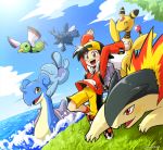  1boy ampharos backpack bag black_hair blue_sky brown_eyes cloud creatures_(company) flying game_freak gen_1_pokemon gen_2_pokemon gold_(pokemon) grass heracross lapras nintendo ocean poke_ball pokemon quagsire red_eyes running sayoyonsayoyo shorts sky smile swimming tree typhlosion xatu 