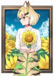  1girl absurdres animal_ears artist_name blonde_hair cat_ears closed_mouth earrings expressionless eyebrows_visible_through_hair flower green_eyes highres jewelry kemono_friends looking_at_viewer nail_polish ponta_(matsuokazieg) ring sand_cat_(kemono_friends) short_hair signature skirt solo sunflower yellow_nails 