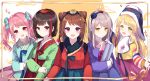  5girls bang_dream! black_hair blonde_hair blue_kimono blush bow braid brown_hair character_request eyebrows_visible_through_hair green_eyes green_kimono hair_bow highres japanese_clothes kimono long_sleeves looking_at_viewer medium_hair multicolored_hair multiple_girls open_mouth parted_lips pink_eyes pink_hair pompitz purple_eyes purple_kimono red_bow red_hair red_kimono short_hair short_twintails smile twintails yellow_eyes 
