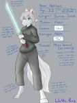  2019 4_toes 5_fingers anthro arctic_wolf biped blue_eyes canid canine canis clothed clothing dialogue digital_media_(artwork) digitigrade english_text eyebrows eyelashes front_view fully_clothed fur hair happy hi_res holding_object holding_weapon humanoid_hands looking_at_viewer magic mammal melee_weapon model_sheet nathan_fawe pants shirt signature silver_hair simple_background smile solo standing story story_in_description sword text toes topwear weapon what_the_hart_wants white_fur wolf wolfie-pawz 