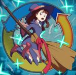  1girl boots broom brown_eyes brown_hair full_body hat kagari_atsuko little_witch_academia looking_back open_mouth parody showers-u sparkle witch_hat yu-gi-oh! 