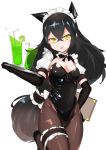  1girl absurdres alternate_costume bangs bendy_straw black_footwear black_gloves black_hair black_leotard blush breasts brown_hair brown_legwear choumi_wuti_(xueye_fanmang_zhong) commentary_request covered_navel cup drink drinking_glass drinking_straw elbow_gloves enmaided fang girls_frontline gloves gradient_hair hair_between_eyes head_tilt headgear highres holding holding_menu holding_tray judge_(girls_frontline) leg_garter leotard long_hair maid maid_headdress medium_breasts multicolored_hair pantyhose parted_lips puffy_short_sleeves puffy_sleeves sangvis_ferri shoes short_sleeves simple_background solo standing standing_on_one_leg strapless strapless_leotard tray v-shaped_eyebrows very_long_hair white_background yellow_eyes 