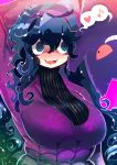  1girl @_@ ahoge bags_under_eyes black_hair blue_eyes blush breasts creatures_(company) dress game_freak gen_1_pokemon gengar grin hair_between_eyes hairband hakkasame hex_maniac_(pokemon) large_breasts long_hair looking_at_another messy_hair nintendo open_mouth pokemon pokemon_(game) pokemon_xy purple_dress smile turtleneck upper_body very_long_hair wavy_mouth 