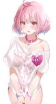  ahoge bangs bare_shoulders blush bottomless breasts collar fang heart highres idolmaster idolmaster_cinderella_girls large_breasts looking_at_viewer off_shoulder pink_eyes pink_hair shirt short_hair short_sleeves t-shirt yumemi_riamu yuuko_(030_yuko) 