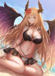  1girl arm_support bare_legs bare_shoulders beach bikini blonde_hair blush breasts choker cleavage cloud dark_angel_olivia demon_wings dutch_angle flower hair_flower hair_ornament horns knees large_breasts long_hair long_image looking_at_viewer navel ocean outdoors rinmmo shingeki_no_bahamut sidelocks sitting sky swimsuit tall_image wings yokozuwari 