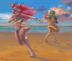  anthro assisted_exposure beach bikini breasts clothed clothing covering covering_crotch duo felid feline female fur hair hi_res lutrine lynx mammal mosa mustelid nude open_mouth outside running seaside smile swimwear 
