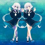  2girls blue_background blue_eyes dual_persona full_body hakkasame konno_junko legs long_hair long_sleeves looking_to_the_side monster_girl multiple_girls open_mouth red_eyes school_uniform shoes silver_hair socks standing twintails white_legwear zombie_girl zombie_land_saga 