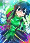  1girl :p asui_tsuyu black_eyes black_hair blush bodysuit boku_no_hero_academia boots breasts closed_mouth double_v eyebrows_visible_through_hair gloves green_bodysuit hair_between_eyes hakkasame large_breasts long_hair looking_at_viewer solo thigh_boots thighhighs tongue tongue_out v white_gloves 