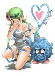  1girl bare_arms bare_shoulders blush collarbone creatures_(company) eyebrows_visible_through_hair eyes_visible_through_hair flower full_body game_freak gen_1_pokemon green_eyes green_footwear green_hair headband heart highres kandori long_hair mao_(pokemon) nintendo overalls pink_flower pokemon pokemon_(creature) pokemon_(game) pokemon_sm shoes simple_background squatting tan tangela tanline tiptoes trial_captain twintails white_background 