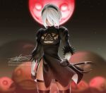  1girl black_dress black_hairband blindfold_removed breasts cleavage_cutout clenched_hands commentary dress english_commentary eyes_closed feather-trimmed_sleeves full_moon hairband highres ioshkun juliet_sleeves long_sleeves medium_breasts mole mole_under_mouth moon nier_(series) nier_automata no_blindfold no_bra puffy_sleeves red_moon robot sheer_legwear side_slit signature silver_hair solo thighhighs thighhighs_under_boots watermark web_address yorha_no._2_type_b 