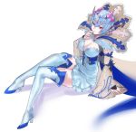  1girl blue_hair blue_lipstick boots breasts cleavage detached_sleeves granblue_fantasy high_collar highres large_breasts lipstick macula_marius makeup pink_eyes short_hair sitting smile tetsu_(kimuchi) thigh_boots thighhighs tiara white_background wide_sleeves 