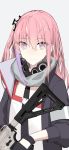  1girl absurdres ar-15 bangs black_gloves black_jacket commentary dress eyebrows_visible_through_hair girls_frontline gloves grey_background gun hair_between_eyes hair_ornament highres holding holding_gun holding_weapon jacket long_hair looking_at_viewer mikoto_(oi_plus) object_namesake one_side_up open_clothes open_jacket pink_hair purple_eyes rifle simple_background solo st_ar-15_(girls_frontline) upper_body weapon white_dress 