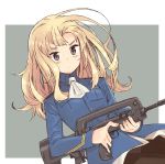  1girl assault_rifle black_legwear blonde_hair blush_stickers bullpup commentary famas gun holding holding_gun holding_weapon long_hair pantyhose perrine_h_clostermann rifle simple_background solo strike_witches suo_(sndrta2n) upper_body weapon world_witches_series 