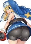  1boy arc_system_works artist_request ass bike_shorts blonde_hair blue_eyes blush bridget_(guilty_gear) bulge from_behind guilty_gear habit long_hair looking_at_viewer nun open_mouth shiny shiny_clothes shiny_hair solo sweat trap yo-yo 