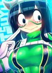  1girl asui_tsuyu black_eyes black_hair bodysuit boku_no_hero_academia breasts closed_mouth facepaint gloves goggles goggles_on_head green_bodysuit hair_between_eyes hakkasame large_breasts long_hair looking_to_the_side solo upper_body white_gloves 