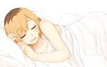  1girl :d bed_sheet blonde_hair breasts brown_hair cleavage collarbone drooling eyebrows_visible_through_hair eyes_closed from_side lying miyamori_aoi multicolored_hair on_bed on_side open_mouth pillow shirobako shirt short_hair simple_background sketch sleeping sleeveless sleeveless_shirt small_breasts smile solo tahita1874 two-tone_hair under_covers white_background white_shirt 