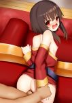  1boy 1girl arm_grab ass bar_censor bare_shoulders bent_over black_hair blush breasts censored commentary_request couch dress eyebrows_visible_through_hair from_behind hair_between_eyes indoors kono_subarashii_sekai_ni_shukufuku_wo! long_sleeves megumin nipples open_mouth penis red-dress red_eyes sex short_hair sidelocks small_breasts solo_focus standing standing_sex toshishikisai 